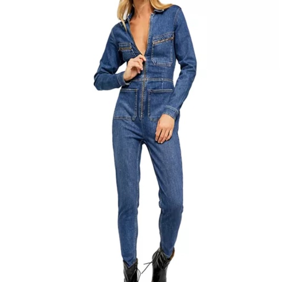 FREE PEOPLE Lennox Zip-Front Denim Jumpsuit Large - Picture 6 of 6